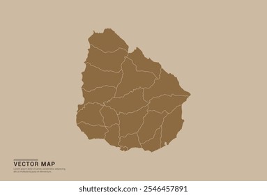 Mapa de vetor marrom simples do Uruguai com bordas provinciais editáveis em um fundo de cor de areia. Ideal para uso educacional, empresarial e de design.