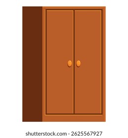 Simple brown wardrobe with closed doors and round handles is standing on white background