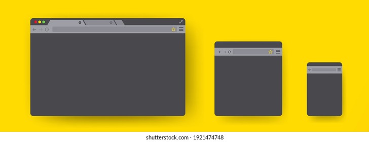 Simple browser internet mockups. Web window screen mockup for Laptop, tablet and phone. Website different devices. Web window. Modern dark mode browser window design isolated on white background.