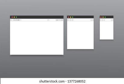 Simple browser internet mockups. Website different devices web window mobile screen internet flat template empty page network vector set