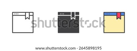 Simple browser window with bookmark tab icon in line, solid and colorful filled outline style. Vector icon set for online saving and pages. Glyph and color symbols.