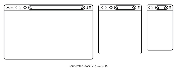 Ventana simple del navegador en un estilo plano, diseño de línea una página web simple en blanco, búsqueda en internet, ventana del navegador de simulación de plantillas de línea en ordenador, tablet y teléfono móvil - para stock