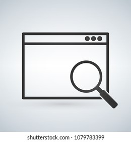 Simple browser window with magnifying glass on modern background. Search concept icon. Flat vector illustration.