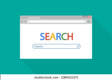 Simple browser window on blue background. Browser search. Vector stock illustration.