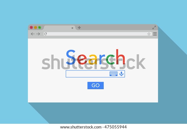 Simple browser window on blue\
background. Browser search. Flat vector stock\
illustration.