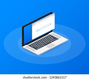 Simple browser window on laptop on blue background. Browser search. Vector stock illustration.