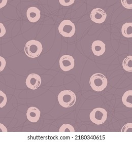 Simple brush circles on textile pattern. Two layers design. Pencils background. Pastel pink color. Upgrade polka dots.