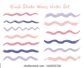 Simple brush stroke waves vector set. Hand drawn purple brushstrokes, ink splashes, watercolor splats, hand painted curls. Interior paint color palette elements. Wavy stripes vector set.