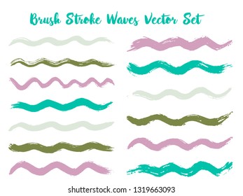 Simple brush stroke waves vector set. Hand drawn teal violet green brushstrokes, ink splashes, watercolor splats, hand painted curls. Interior colors scheme elements. Textured waves, stripes design.