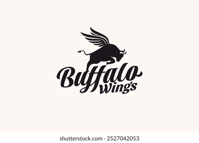 simple buffalo wings logo with a jumping winged buffalo. It is good for buffalo wings business in restaurant, cafe, food truck, etc.