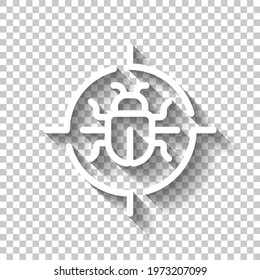 Simple bug icon, computer virus or malware. White linear icon with editable stroke and shadow on transparent background