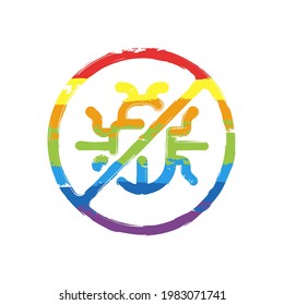 Simple bug icon, computer virus or malware. Drawing sign with LGBT style, seven colors of rainbow (red, orange, yellow, green, blue, indigo, violet