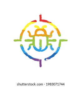 Simple bug icon, computer virus or malware. Drawing sign with LGBT style, seven colors of rainbow (red, orange, yellow, green, blue, indigo, violet