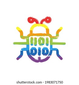 Simple bug icon, computer virus or malware. Drawing sign with LGBT style, seven colors of rainbow (red, orange, yellow, green, blue, indigo, violet