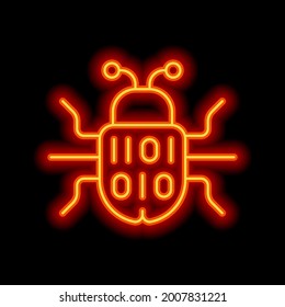 Simple Bug Icon, Computer Virus Or Malware. Orange Neon Style On Black Background. Light Linear Icon With Editable Stroke