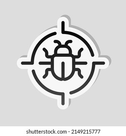 Simple bug icon, computer virus or malware. Linear sticker, white border and simple shadow on gray background