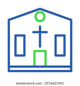 Simple building with cross and green circle icon