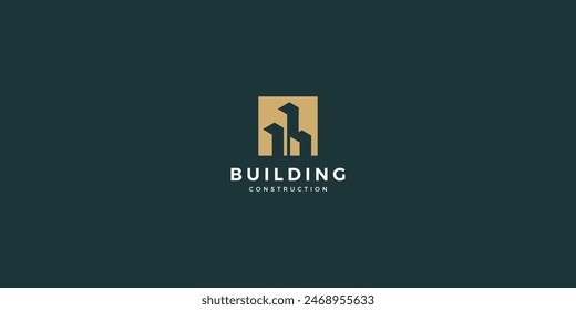 Diseño de edificio simple y logotipo de construcción. El símbolo de la construcción, el apartamento y el arquitecto. Vector de diseño de logotipo premium.