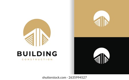 UN DISEÑO DE EDIFICIO SIMPLE Y LOGOTIPO DE CONSTRUCCIÓN. EDIFICIO EN CÍRCULO LOGO PARA LA CONSTRUCCIÓN, APARTAMENTO Y ARQUITECTO. DISEÑO DE LOGO DE PREMIUM