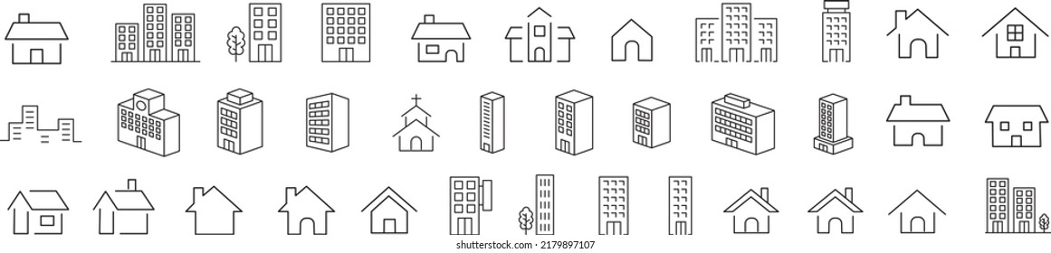 Simple building and houses line icon set