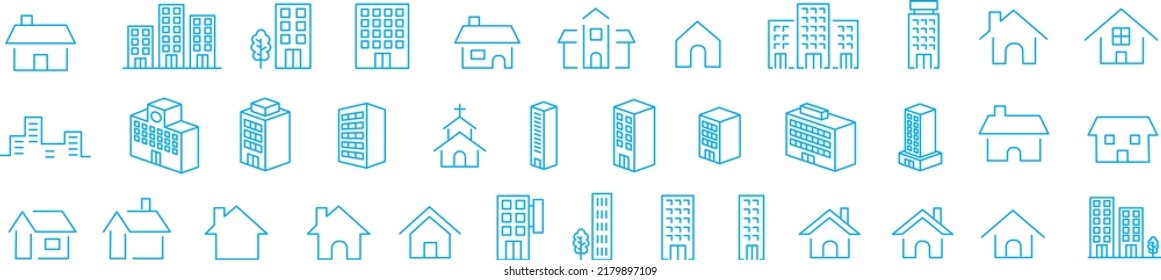 Simple building and houses line icon set