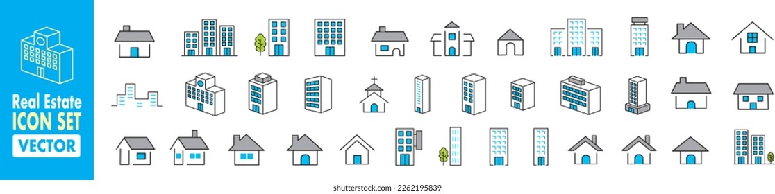 Simple building and houses line icon set