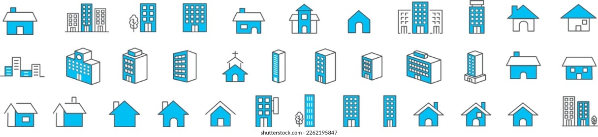 Simple building and houses line icon set