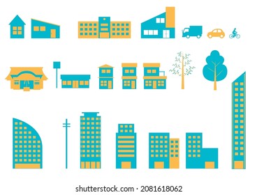 Einfaches Gebäude Ikone Gebäude Illustration Set Tawaman Komfort-Geschäft Einzel-Haus, Auto