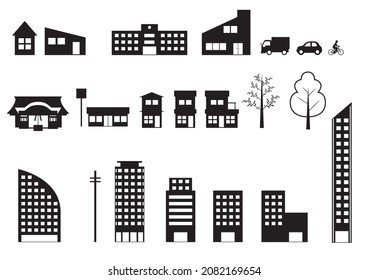 Simple building building icon building illustration set Tawaman convenience store detached house, car