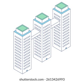 Simple building isometric illustration. Iconic illustration of three high-rise apartment buildings connected by a connecting bridge.