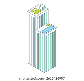 Simple building isometric illustration. Iconic high-rise apartment building with swimming pool.