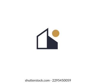 Simple building logo with sun on top o white background.