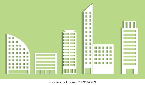 Simple building, office building, paper craft paper-cutting icon, three-dimensional illustration set