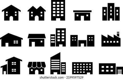 Simple building silhouette icons set.