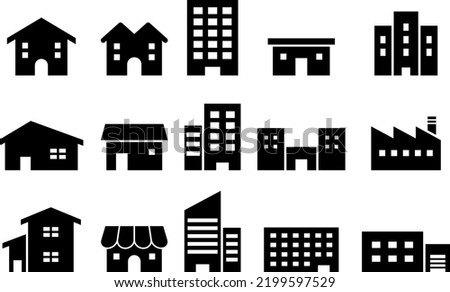 Simple building silhouette icons set.