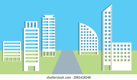 Simple building A two-color landscape illustration of a cityscape drawn with a paper-cut icon of a building Horizon