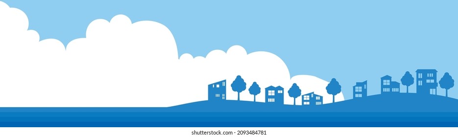 simple building, a two-color landscape illustration of the cityscape drawn with the icon of a detached house. Real estate, text space. Panorama landscape