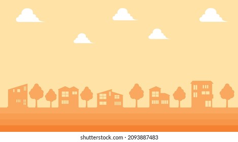 simple building, a two-color landscape illustration of the cityscape drawn with the icon of a detached house. Real estate, text space