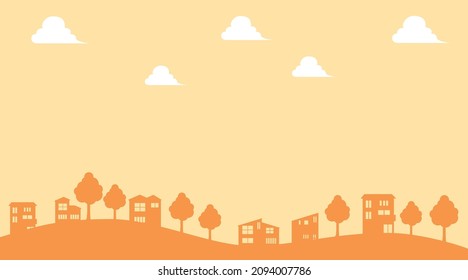 simple building, a two-color landscape illustration of the cityscape drawn with the icon of a detached house. Real estate, text space