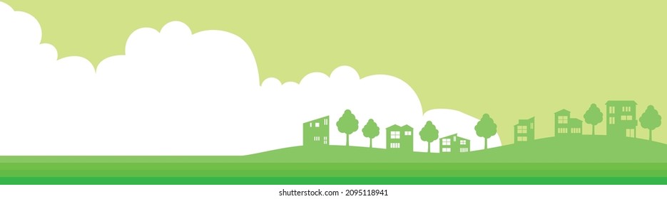 simple building, a two-color landscape illustration of the cityscape drawn with the icon of a detached house. Real estate, text space. Panorama landscape