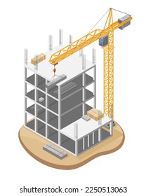 Simple Building Under Construction site and Hammerhead Tower Crane heavy-duty lifting system illustration isometric isolated vector