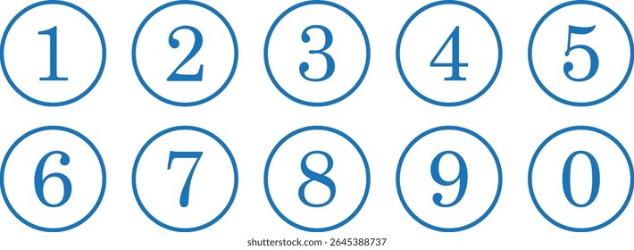 simple bullet point number icon set of 0-9. number in outline blue round circle.