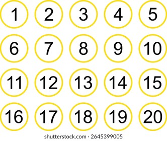 simple bullet point number icon set of 0-20. number in yellow outline round circle vector illustration.