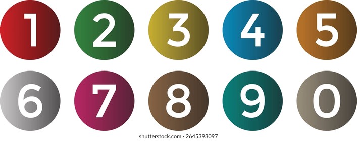 ponto simples branco ícone de número de marcador conjunto de 0-9. número em gradiente colorido círculo vetor ilustração.