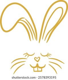 Simple bunny face for Easter cards, stickers. Yellow line rabbit muzzle calm and happy isolated on white