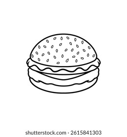 simple burger black and white outline, cartoon coloring book