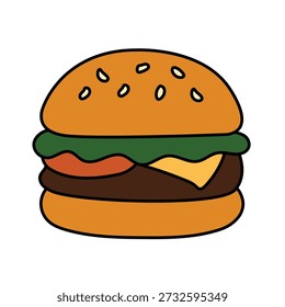 Einfaches Burger Clipart. Dieses Bild zeigt einen Hamburger im Cartoon-Stil mit einem Sesambrötchen, Salat, Tomate, Käse und einer Rinderpastete. Vektorgrafik.