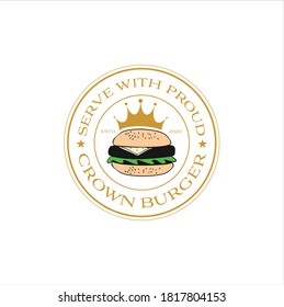 Simple Burger, Hamburger with Crown Isolated Gold Circle for Burger Shop Logo Design