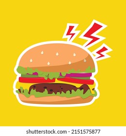simple Burger icon. burger with lightning. Vector Fast food illustration flat icon juicy delicious hamburger isolated on yellow background.