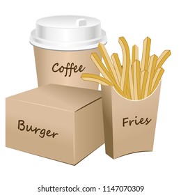 Simple Burger Set. Burger, coffee and French Fries. Template on isolated background. Vector illustration. 